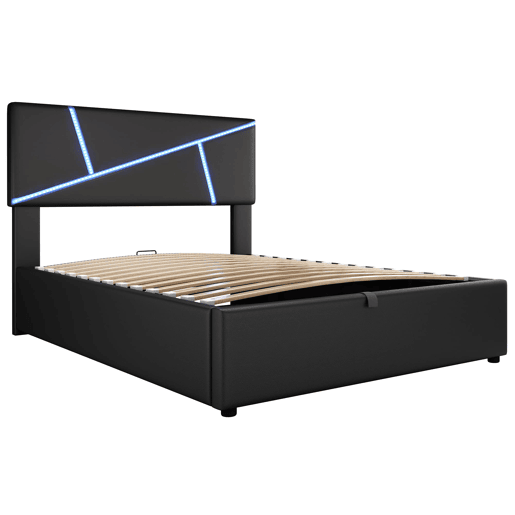 Cama de casal 90x200 cm - Polipiel, cabeceira, LED, armazenamento hidráulico - Preto