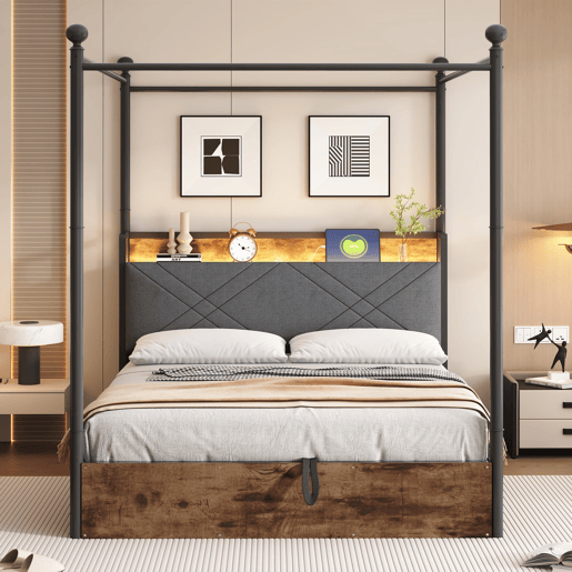 Cama multifuncional em ferro forjado 140x190 - Armazenamento hidráulico, dossel, LED, USBType-C - Preto
