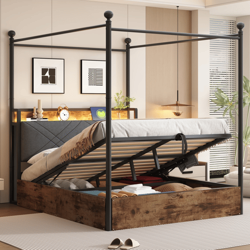 Cama multifuncional em ferro forjado 140x190 - Armazenamento hidráulico, dossel, LED, USBType-C - Preto