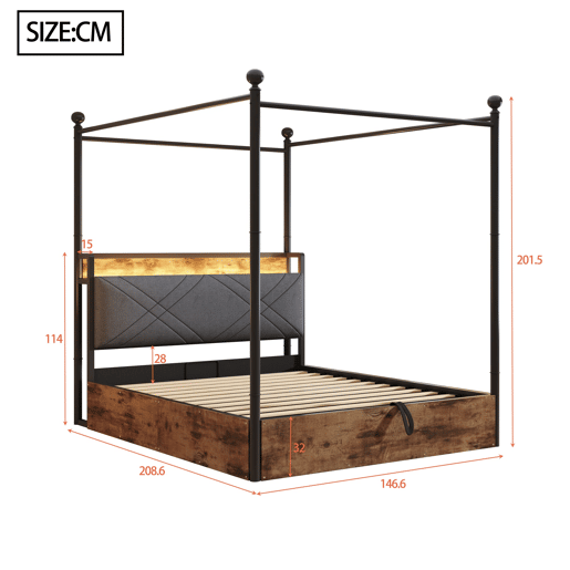 Cama multifuncional em ferro forjado 140x190 - Armazenamento hidráulico, dossel, LED, USBType-C - Preto
