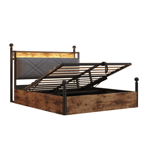 Cama multifuncional em ferro forjado 140x190 - Armazenamento hidráulico, dossel, LED, USBType-C - Preto