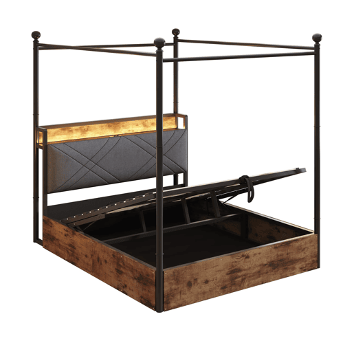 Cama multifuncional em ferro forjado 140x190 - Armazenamento hidráulico, dossel, LED, USBType-C - Preto