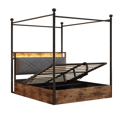 Cama multifuncional em ferro forjado 140x190 - Armazenamento hidráulico, dossel, LED, USBType-C - Preto