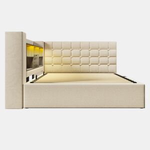 Cama estofada 140x200 - LED, armazenamento hidráulico, cabeceira L, colchão incluído - Bege