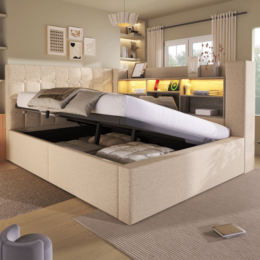 Cama estofada 140x200 - LED, armazenamento hidráulico, cabeceira L, colchão incluído - Bege
