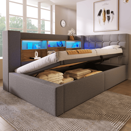 Cama individual 90x200 u2013 LED, armazenamento hidráulico, cabeceira em L com prateleiras u2013 Cinza