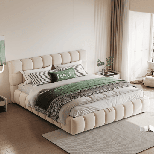 Cama estofada 140x190 cm - Cabeceira e laterais volumosas, função de armazenamento hidráulico, sem colchão - Bege