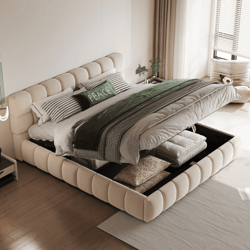 Cama estofada 140x190 cm - Cabeceira e laterais volumosas, função de armazenamento hidráulico, sem colchão - Bege