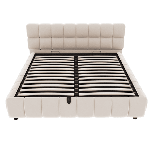 Cama estofada 140x190 cm - Cabeceira e laterais volumosas, função de armazenamento hidráulico, sem colchão - Bege