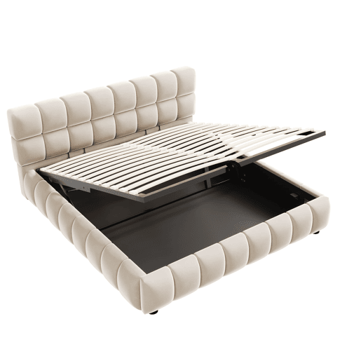 Cama estofada 140x190 cm - Cabeceira e laterais volumosas, função de armazenamento hidráulico, sem colchão - Bege