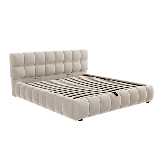 Cama estofada 140x190 cm - Cabeceira e laterais volumosas, função de armazenamento hidráulico, sem colchão - Bege