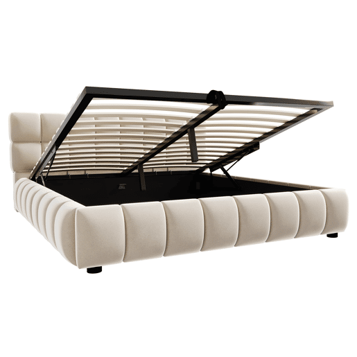 Cama estofada 140x190 cm - Cabeceira e laterais volumosas, função de armazenamento hidráulico, sem colchão - Bege