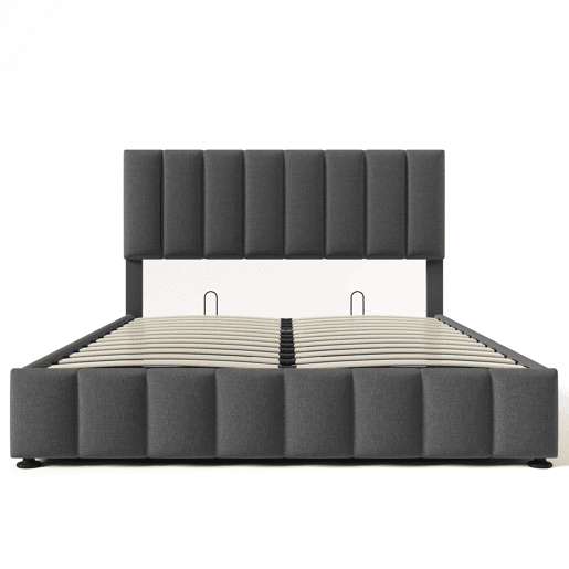 Cama estofada hidráulica 140x200 cm - Cabeceira ajustável, estrutura metálica, arrumação - Cinza