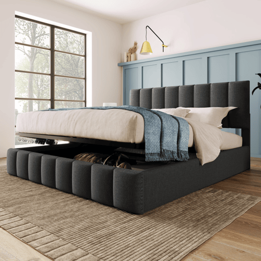 Cama estofada hidráulica 140x200 cm - Cabeceira ajustável, estrutura metálica, arrumação - Cinza