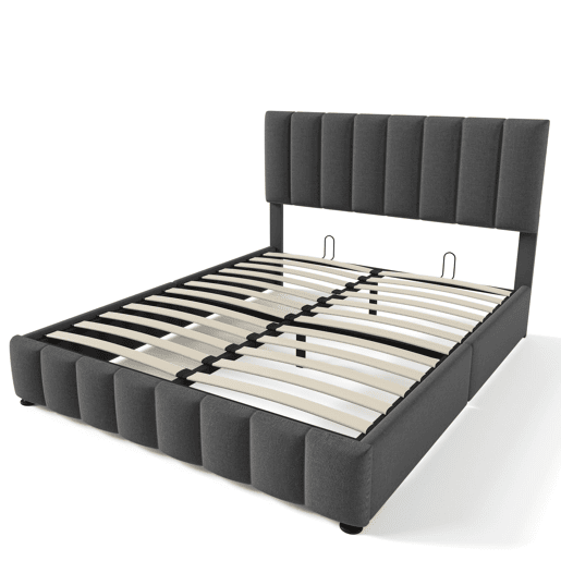 Cama estofada hidráulica 140x200 cm - Cabeceira ajustável, estrutura metálica, arrumação - Cinza