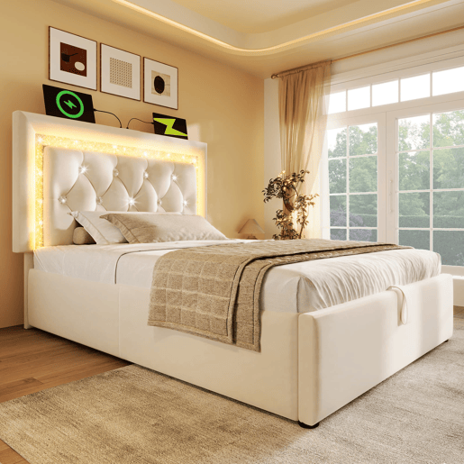 Cama individual 90x200 u2013 LED, USBType-C e baú hidráulico u2013 Bege