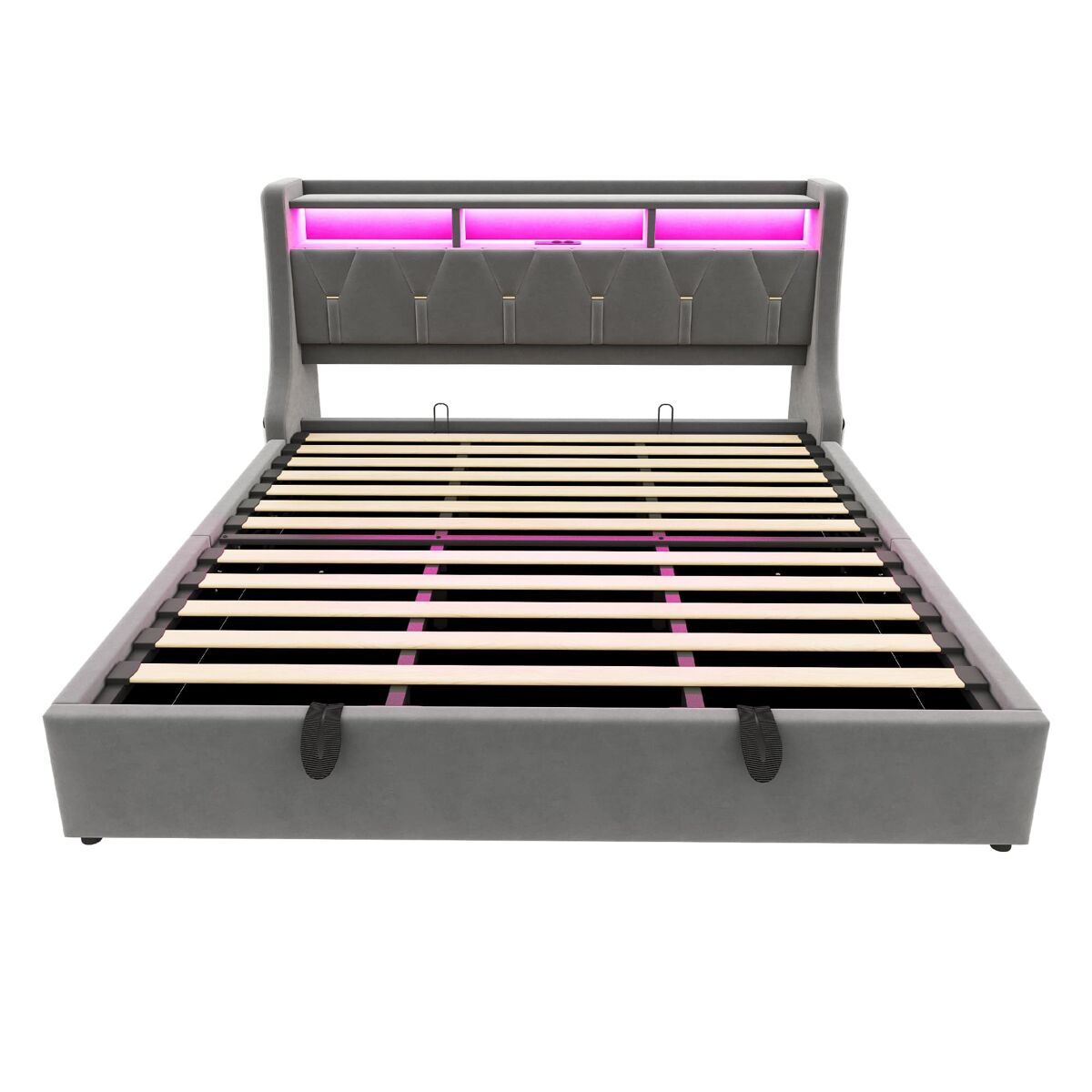 Cama tapizada 180 x 200 cm - cama de almacenamiento hidráulica, cabecero abatible con almacenamiento, enchufe, led - gris