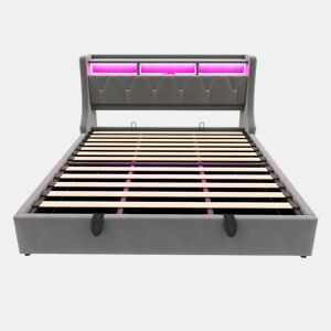 Cama estofada 180 x 200 cm - Cama com arrumação hidráulica, cabeceira rebatível com arrumação, tomada, LED - Cinza