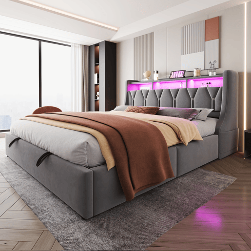 Cama estofada 180 x 200 cm - Cama com arrumação hidráulica, cabeceira rebatível com arrumação, tomada, LED - Cinza