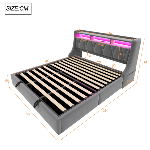 Cama estofada 180 x 200 cm - Cama com arrumação hidráulica, cabeceira rebatível com arrumação, tomada, LED - Cinza