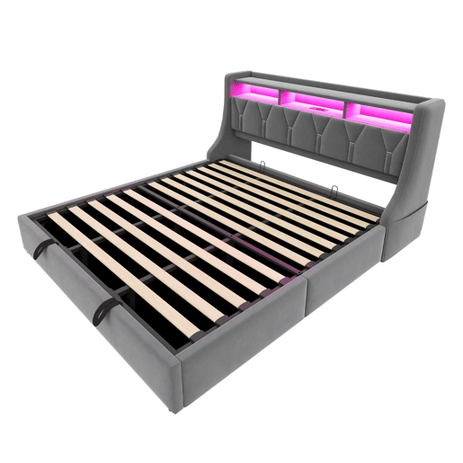 Cama estofada 180 x 200 cm - Cama com arrumação hidráulica, cabeceira rebatível com arrumação, tomada, LED - Cinza