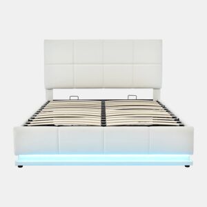 Cama estofada 140x200 cm - LED, armazenamento hidráulico, cama de casal, branca