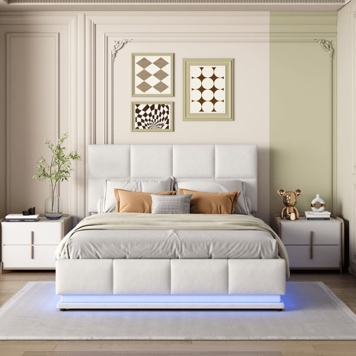 Cama estofada 140x200 cm - LED, armazenamento hidráulico, cama de casal, branca