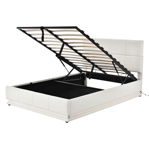 Cama estofada 140x200 cm - LED, armazenamento hidráulico, cama de casal, branca