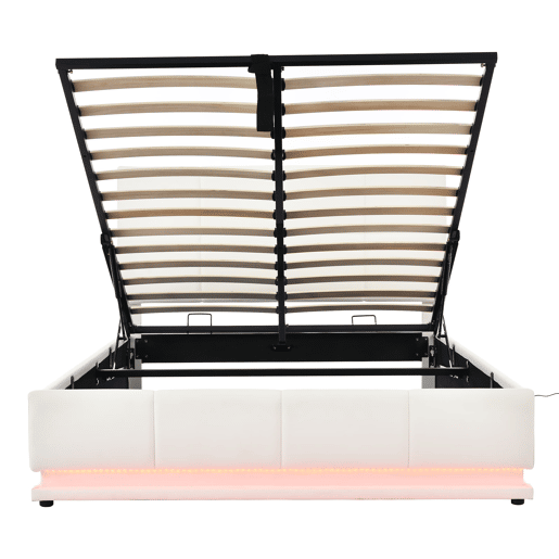 Cama estofada 140x200 cm - LED, armazenamento hidráulico, cama de casal, branca