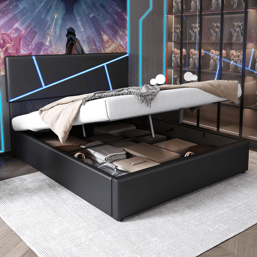 Cama de casal 140x200 cm - Estofada com LED, encosto e função hidráulica - Preto