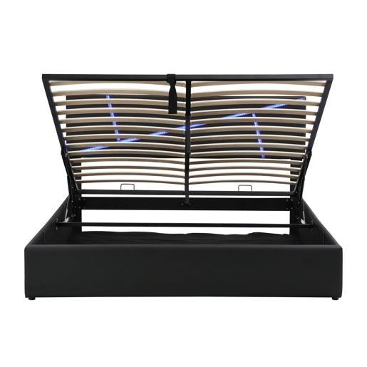 Cama de casal 140x200 cm - Estofada com LED, encosto e função hidráulica - Preto