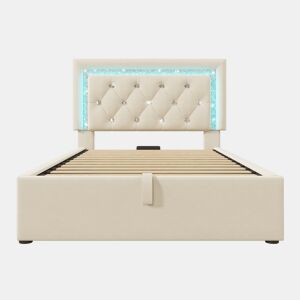 Cama individual 90x200 u2013 LED na cabeceira, USBType-C, canapé hidráulico com arrumação u2013 Bege