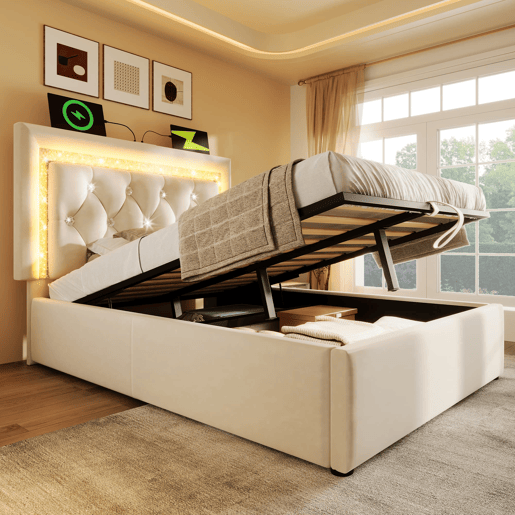 Cama individual 90x200 u2013 LED na cabeceira, USBType-C, canapé hidráulico com arrumação u2013 Bege