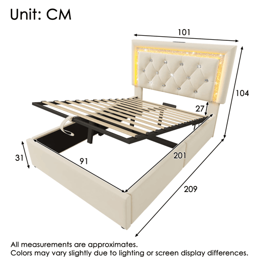 Cama individual 90x200 u2013 LED na cabeceira, USBType-C, canapé hidráulico com arrumação u2013 Bege