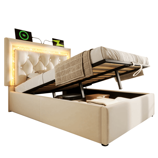 Cama individual 90x200 u2013 LED na cabeceira, USBType-C, canapé hidráulico com arrumação u2013 Bege