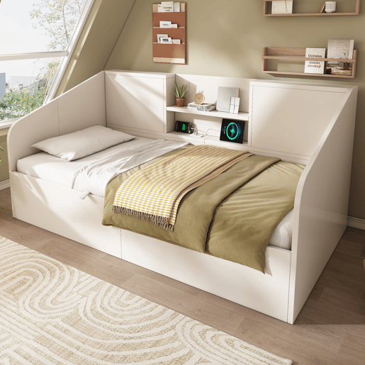 Cama individual 90x200 - Hidráulica com arrumação, 2 prateleiras, USBType-C - Branca