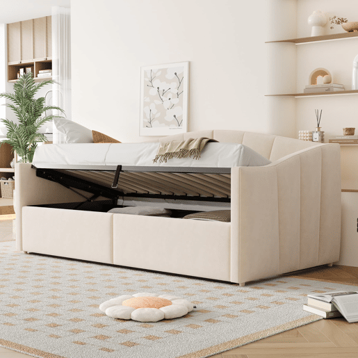 Sofá-cama 90x200 cm - Com arrumação hidráulica, com estrado e braços, bege