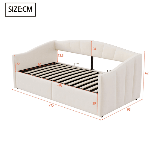 Sofá-cama 90x200 cm - Com arrumação hidráulica, com estrado e braços, bege