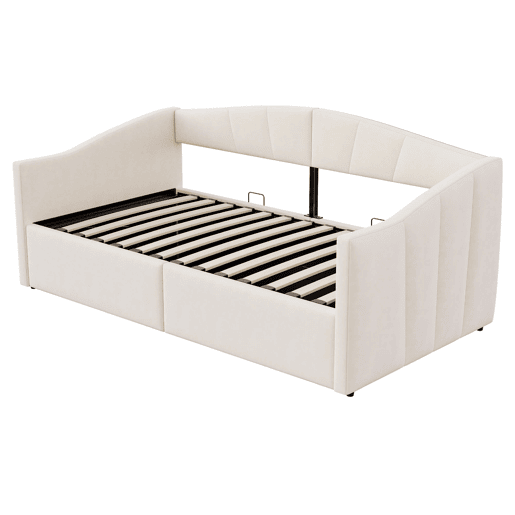 Sofá-cama 90x200 cm - Com arrumação hidráulica, com estrado e braços, bege
