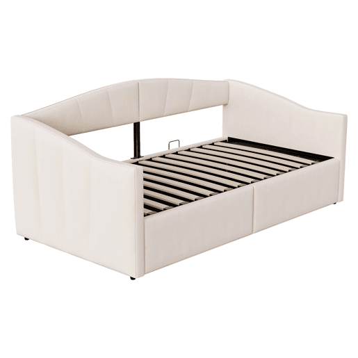 Sofá-cama 90x200 cm - Com arrumação hidráulica, com estrado e braços, bege