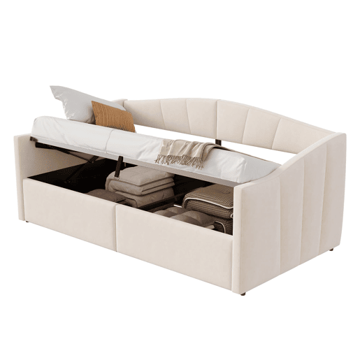 Sofá-cama 90x200 cm - Com arrumação hidráulica, com estrado e braços, bege