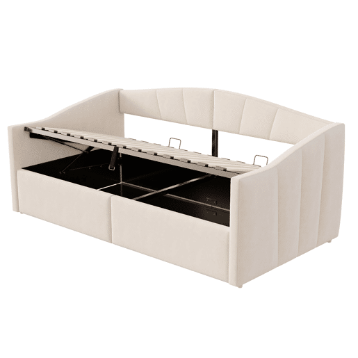 Sofá-cama 90x200 cm - Com arrumação hidráulica, com estrado e braços, bege