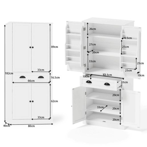 Armário de arrumação 182 cm - 4 portas, 1 gaveta, 2 portas com prateleiras, 6 compartimentos, 4 prateleiras ajustáveis - Branco