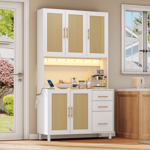 Buffet 183 cm - Com luzes LED controladas por aplicação, 2 portas USB, 2 tomadas, prateleiras ajustáveis, 3 gavetas, puxadores metálicos dourados - Branco
