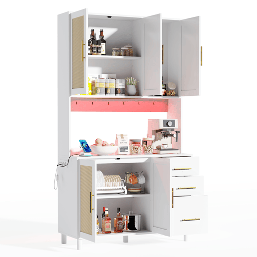 Buffet 183 cm - Com luzes LED controladas por aplicação, 2 portas USB, 2 tomadas, prateleiras ajustáveis, 3 gavetas, puxadores metálicos dourados - Branco