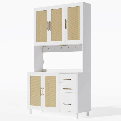 Buffet 183 cm - Com luzes LED controladas por aplicação, 2 portas USB, 2 tomadas, prateleiras ajustáveis, 3 gavetas, puxadores metálicos dourados - Branco
