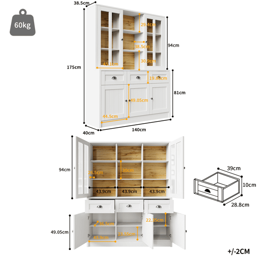 Armário alto 140x38,5x175 cm - Vitrine, armário de cozinha e sala de jantar com gavetas, estilo moderno minimalista - Branco