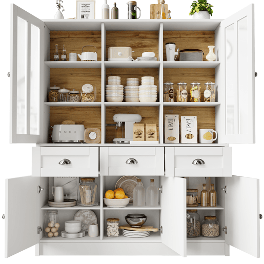 Armário alto 140x38,5x175 cm - Vitrine, armário de cozinha e sala de jantar com gavetas, estilo moderno minimalista - Branco