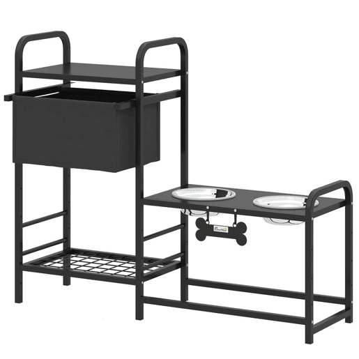 PawHut Comedouro Elevado para Cães com Gaveta em Tecido 2 Taças de Aço Inoxidável 2x800 ml Altura Ajustável 2 Prateleiras para Cães Pequenos e Médios 89,5x27x74 cm Preto