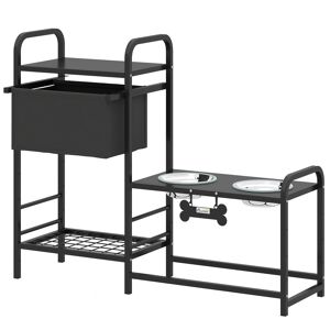 PawHut Comedouro Elevado para Cães com Gaveta em Tecido 2 Taças de Aço Inoxidável 2x800 ml Altura Ajustável 2 Prateleiras para Cães Pequenos e Médios 89,5x27x74 cm Preto